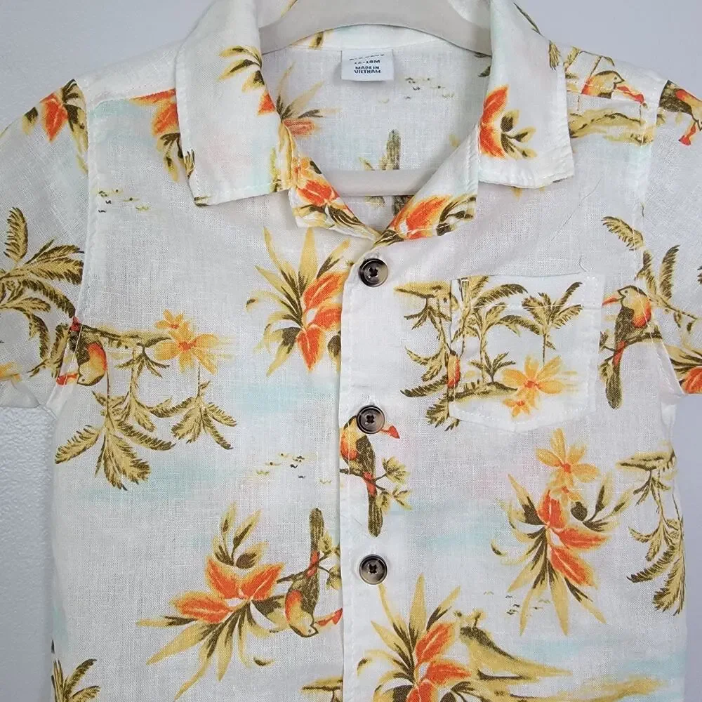 Old Navy Linen Blend Button Shirt Toucan Parrot Tropical Hawaiian Toddler 12-18